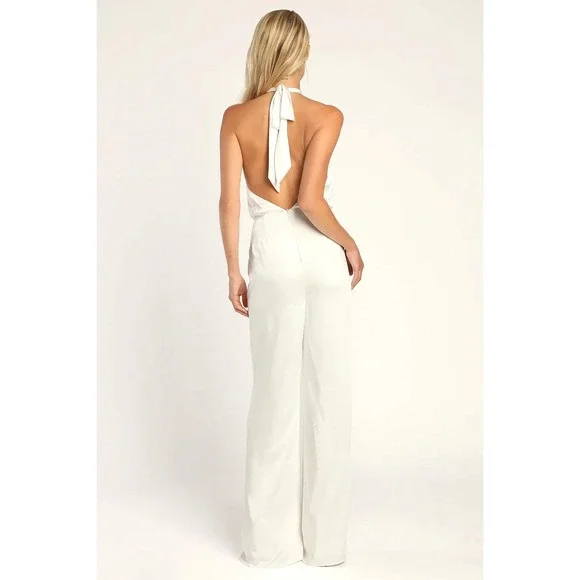 Lulus Adoring Angel Ivory Satin Wide-Leg Halter Jumpsuit Size Small - Picture 6 of 6